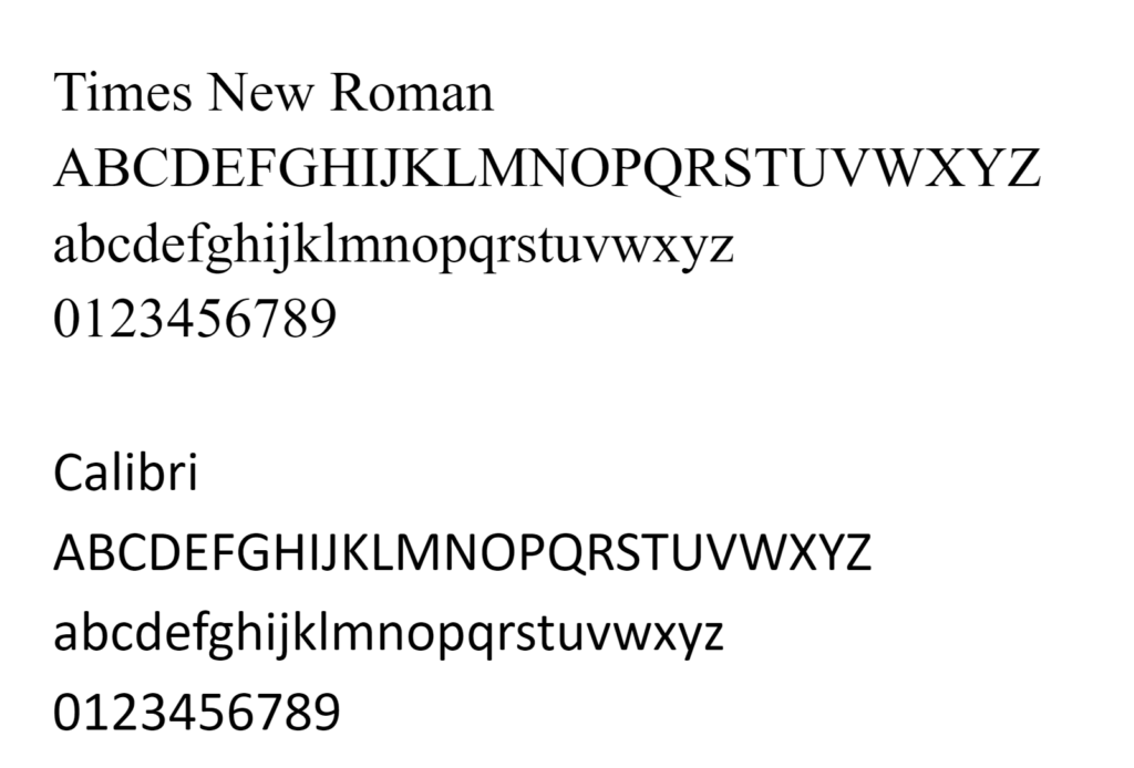 Examples of Times New Roman and Calibri fonts