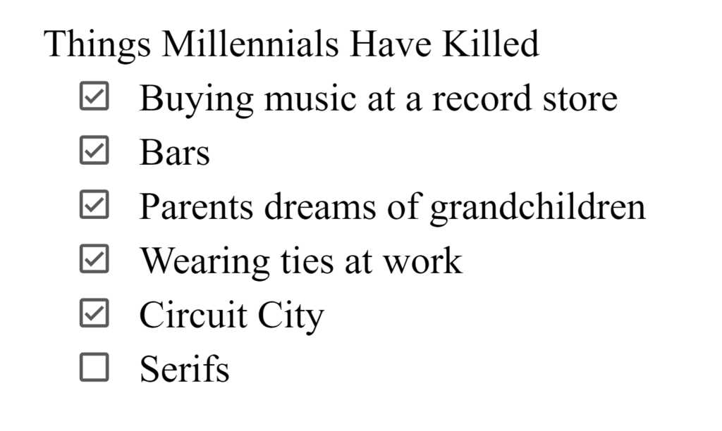 Things Millennials Have Killed
✔️Buying music at a record store
✔️Bars
✔️Parents dreams of grandchildren
✔️Wearing ties at work
✔️Circuit City
❌Serifs
